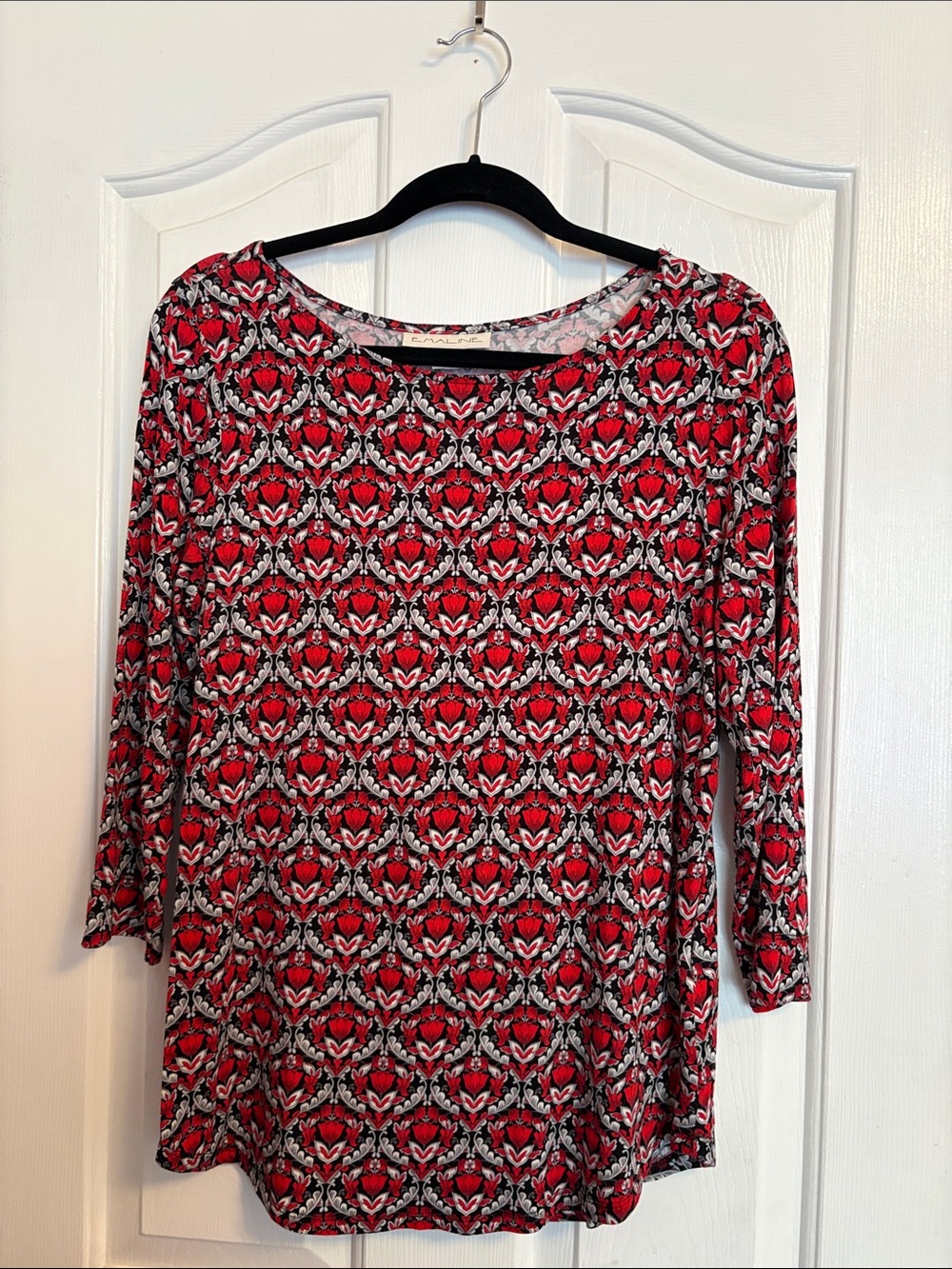 Emaline Red Patterned Scoop-Neck Long Sleeve Top